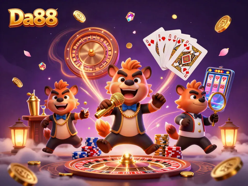 Experience thrilling gaming action at Da88 with lively hyenas in a vibrant casino scene.