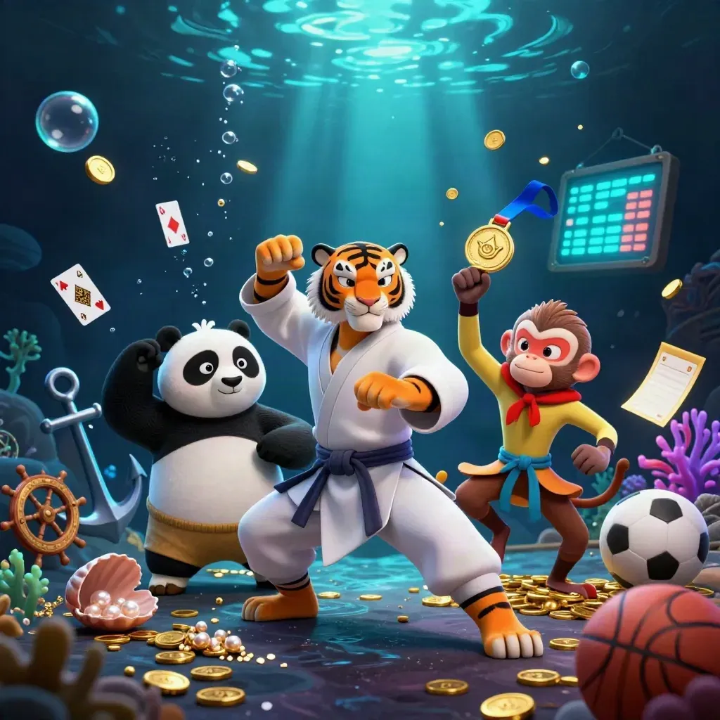 Tiger, panda, and monkey heroes in an underwater treasure cove with gold and neon-blue effects