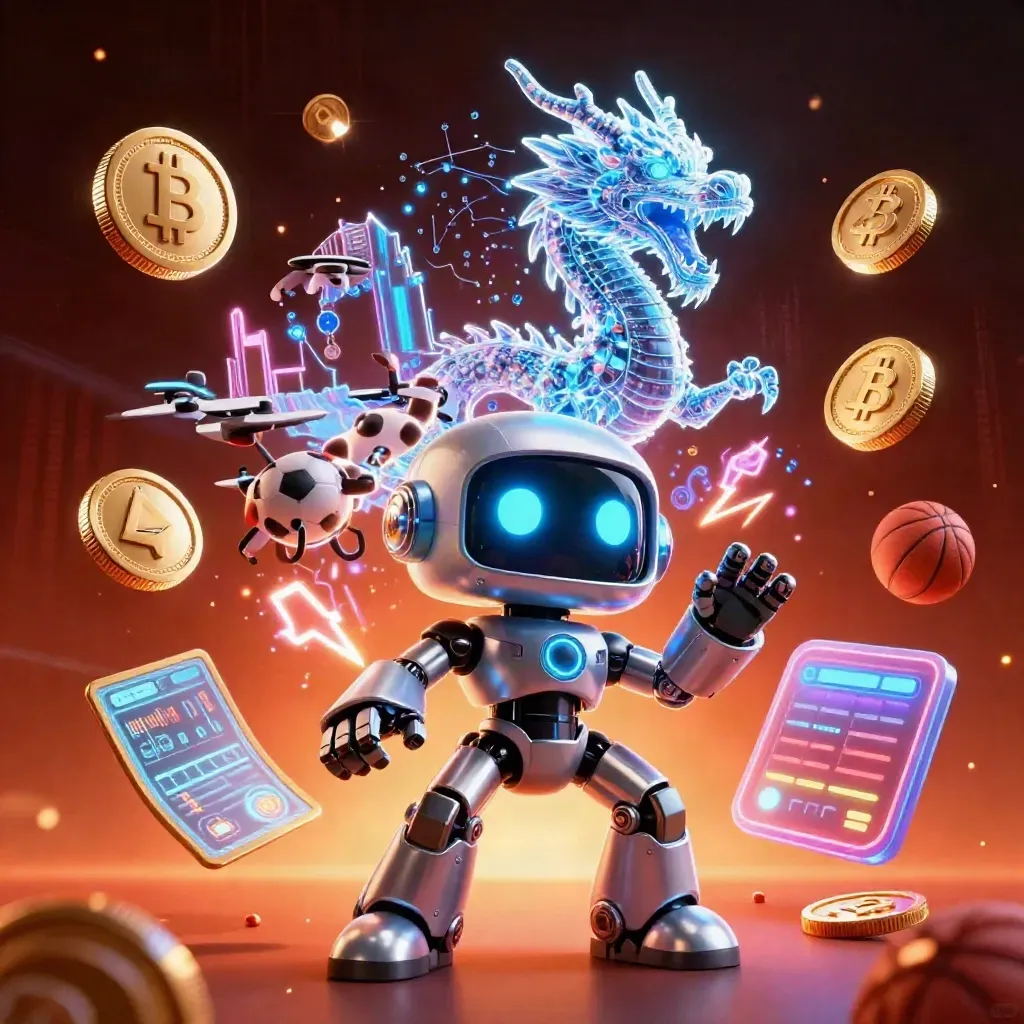 Robot, holographic dragon and coin drone amid esports betting symbols, lightning and embers.