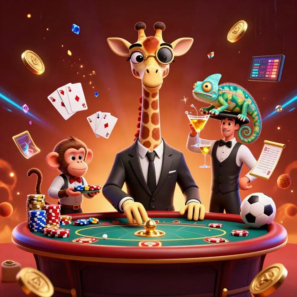 Giraffe, monkey, and chameleon amid glowing casino chips, coins, cards, and sports-bet props