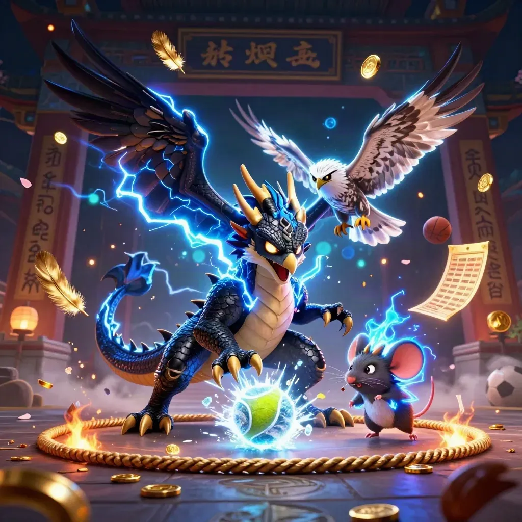 Thunder dragon, wind hawk, and static mouse amid gold coins, blue lightning, and sports chaos.
