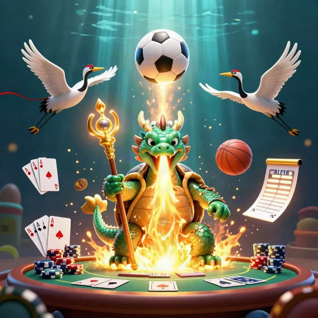 Jade dragon, turtle sage, and cranes amid casino chips and sports balls in cinematic blue-gold light.