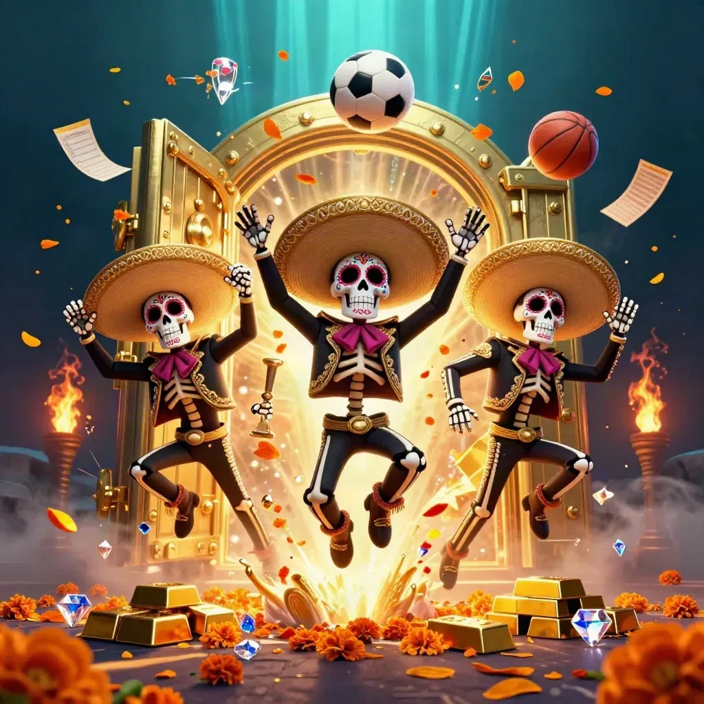 Skeleton mariachi trio with gold vault burst, sports balls, gems, and casino light effects.