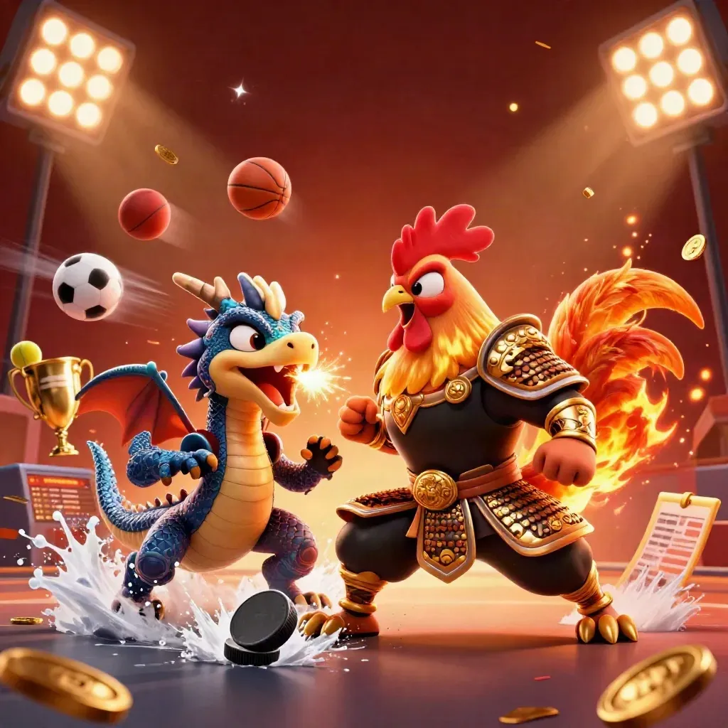 Rooster samurai, spark-breathing dragon and lucky cat amid hockey ice spray, balls and gold.