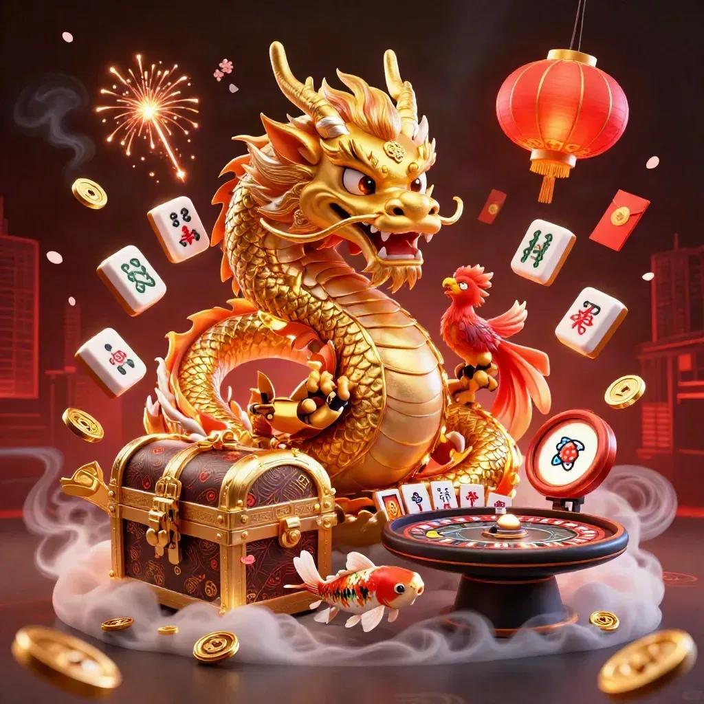 Golden dragon, phoenix, koi, and casino icons in a dramatic neon-lit fantasy scene.