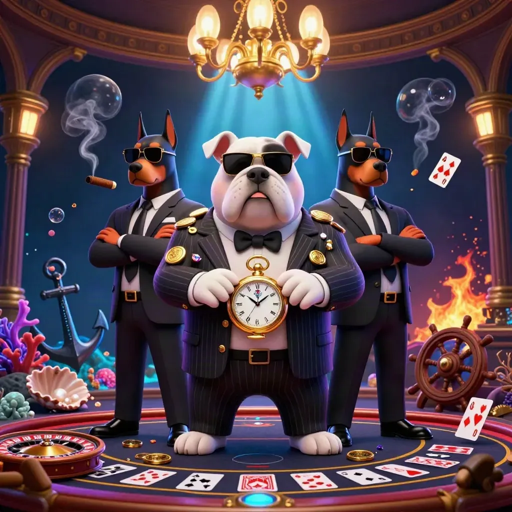 Bulldog boss with two Dobermans in an underwater casino treasure cove