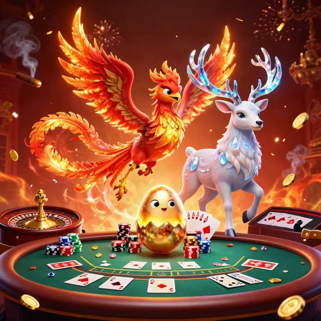 Fire phoenix, baby phoenix, and crystal stag amid casino lights, chips, cards, and ember glow.