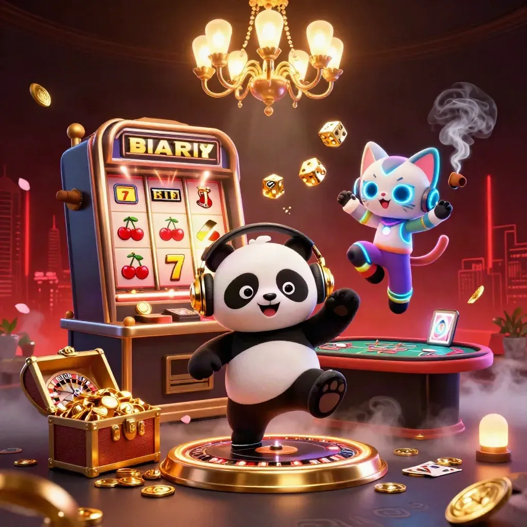 Panda DJ, monkey and glow-cat in a neon casino room with jackpot effects