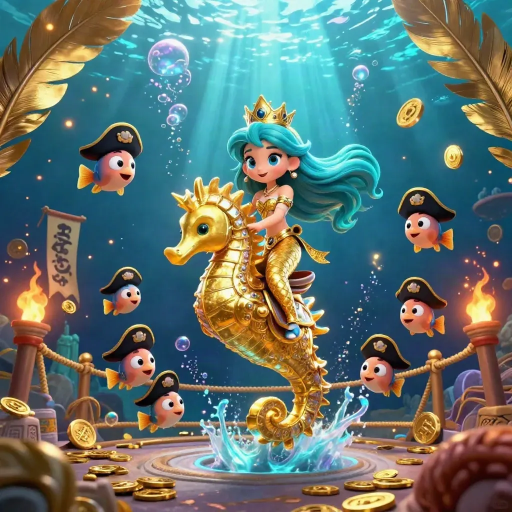 Mermaid princess on golden seahorse amid fish, coins, banners, and glowing underwater ruins.