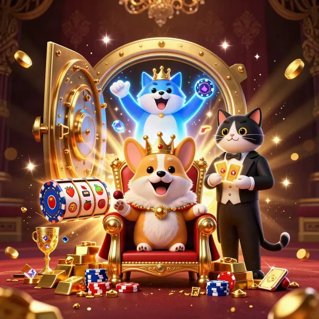 Royal corgi and cat butler amid a vault burst, gold bars, gems, reels, and neon-blue casino glow.