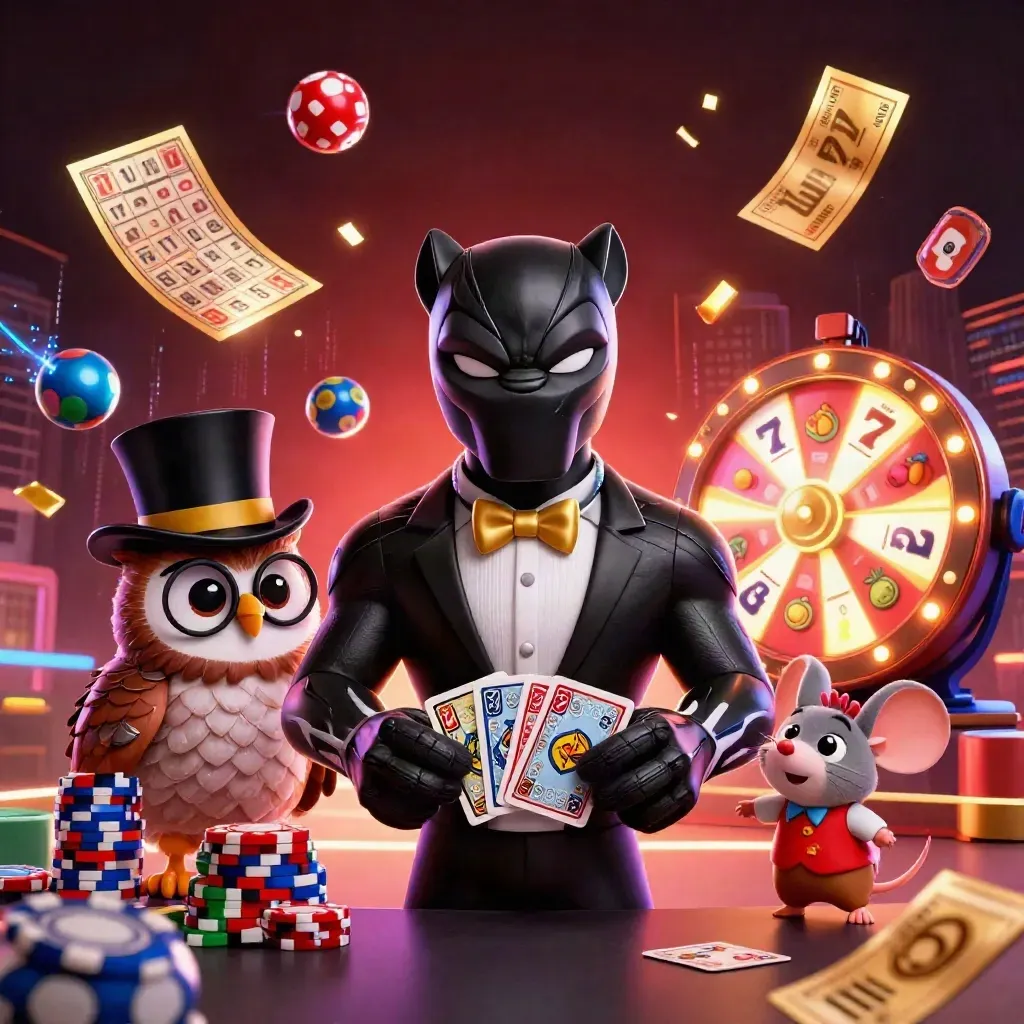 Panther, owl, and mouse amid casino effects, chips, balls, and glowing slots.