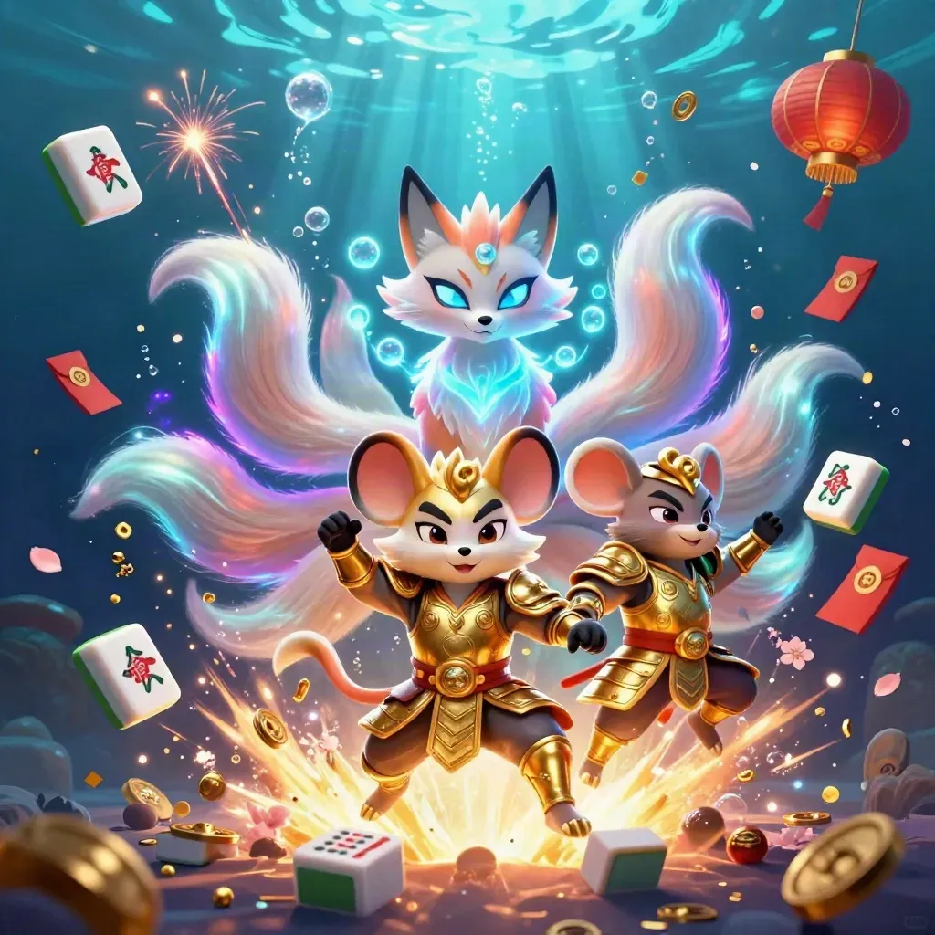 Nine-tailed fox spirit and armored mouse amid treasure, lanterns, coins, and neon underwater glow.