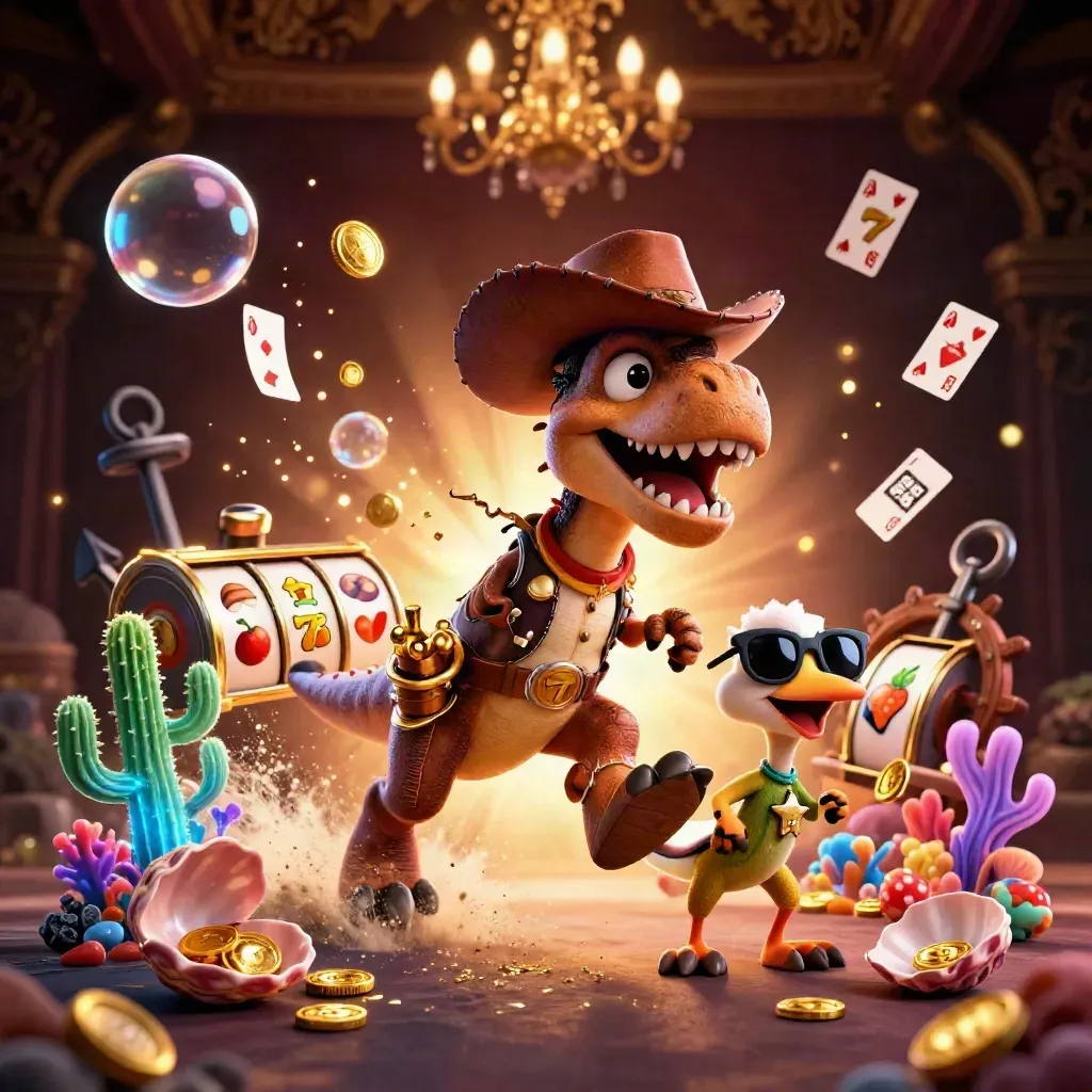 Cowboy T-Rex, cactus sidekick, and sheriff roadrunner burst through a gold coin treasure cove.
