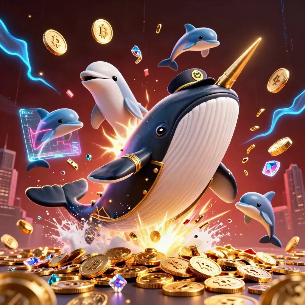 Whale captain, narwhal, and dolphins burst from coins amid neon blue crypto energy.