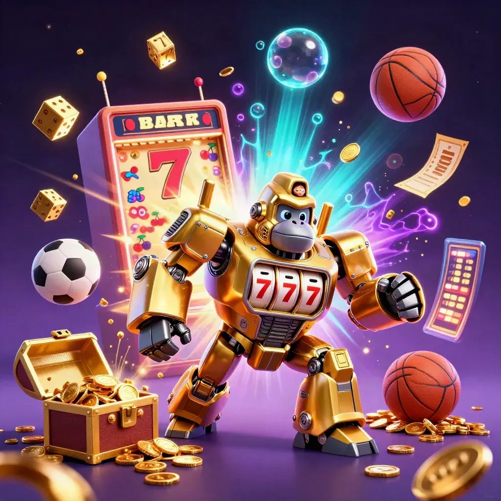 Golden gorilla mech, monkey pilot, bursting slot machine, coins, dice, sports balls, neon casino energy.