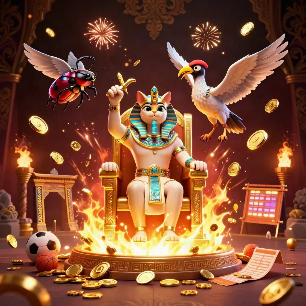 Pharaoh cat, ibis scribe, and gem-wing scarabs amid gold coins, fireworks, and casino props.