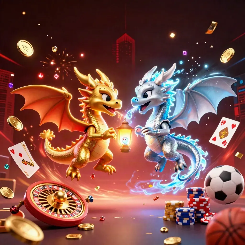 Gold and silver dragons burst with coins, fireworks, and esports betting icons.