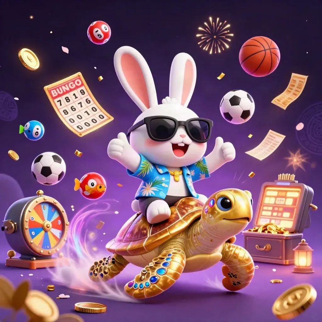 Lucky rabbit on a gold turtle amid casino treasures, coins, fireworks, and neon game icons