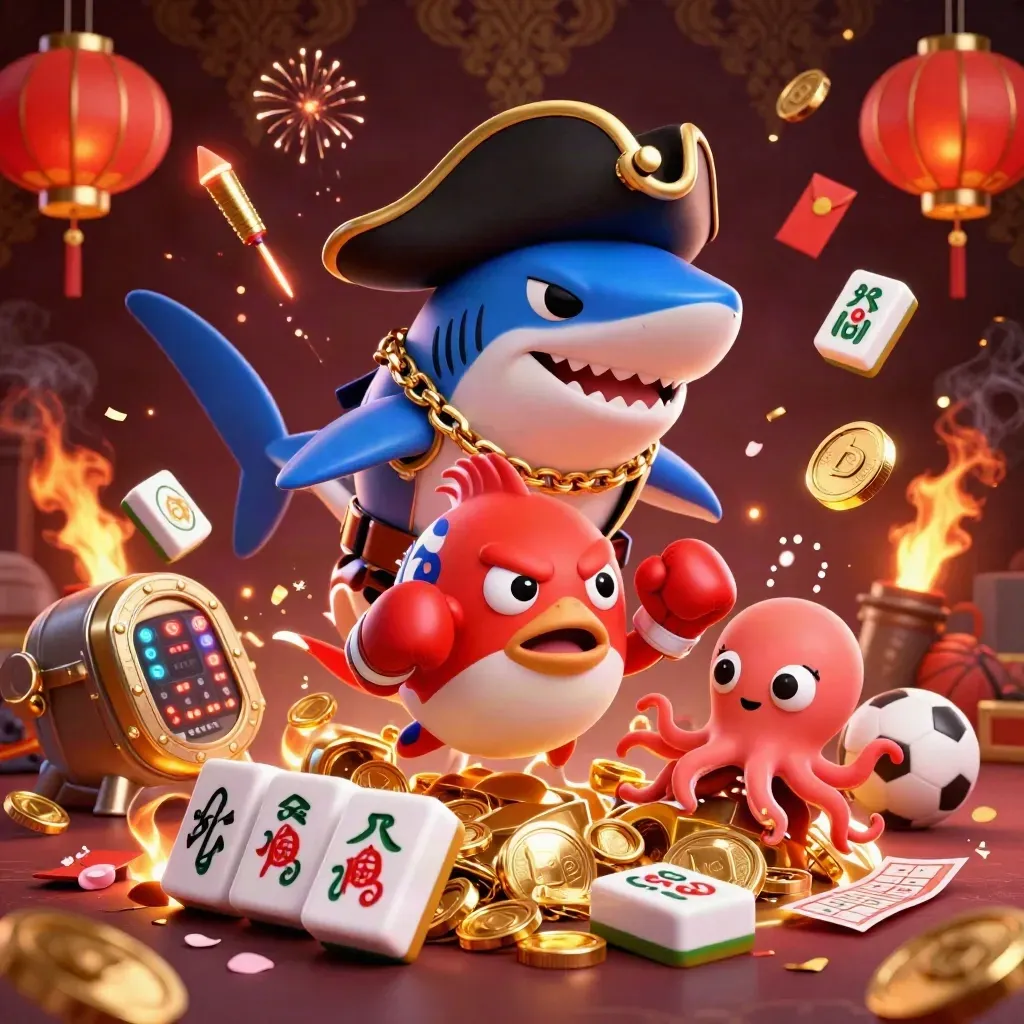 Shark pirate, boxing pufferfish, and juggling octopus amid gold coins, fireworks, and casino treasures.