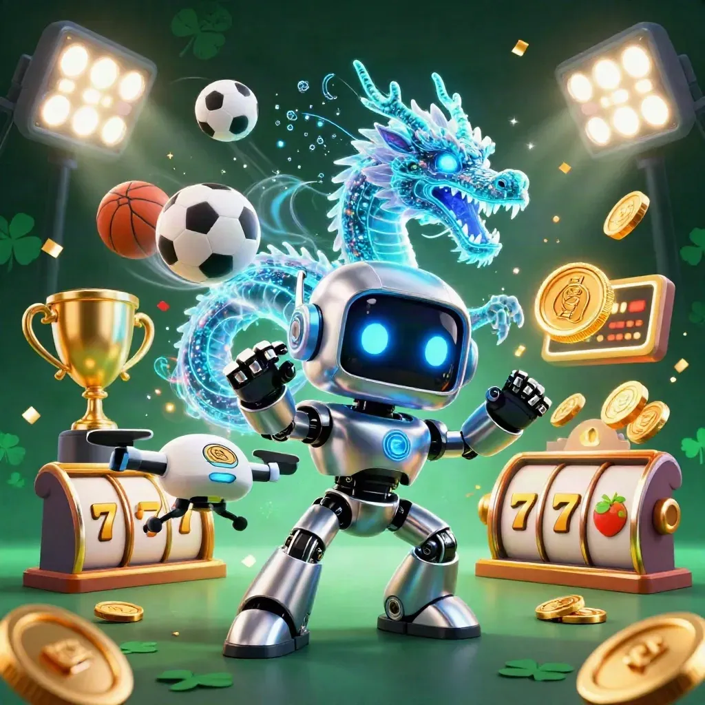 Cyberpunk robot, holographic dragon and coin drone amid casino effects on dark emerald-black.