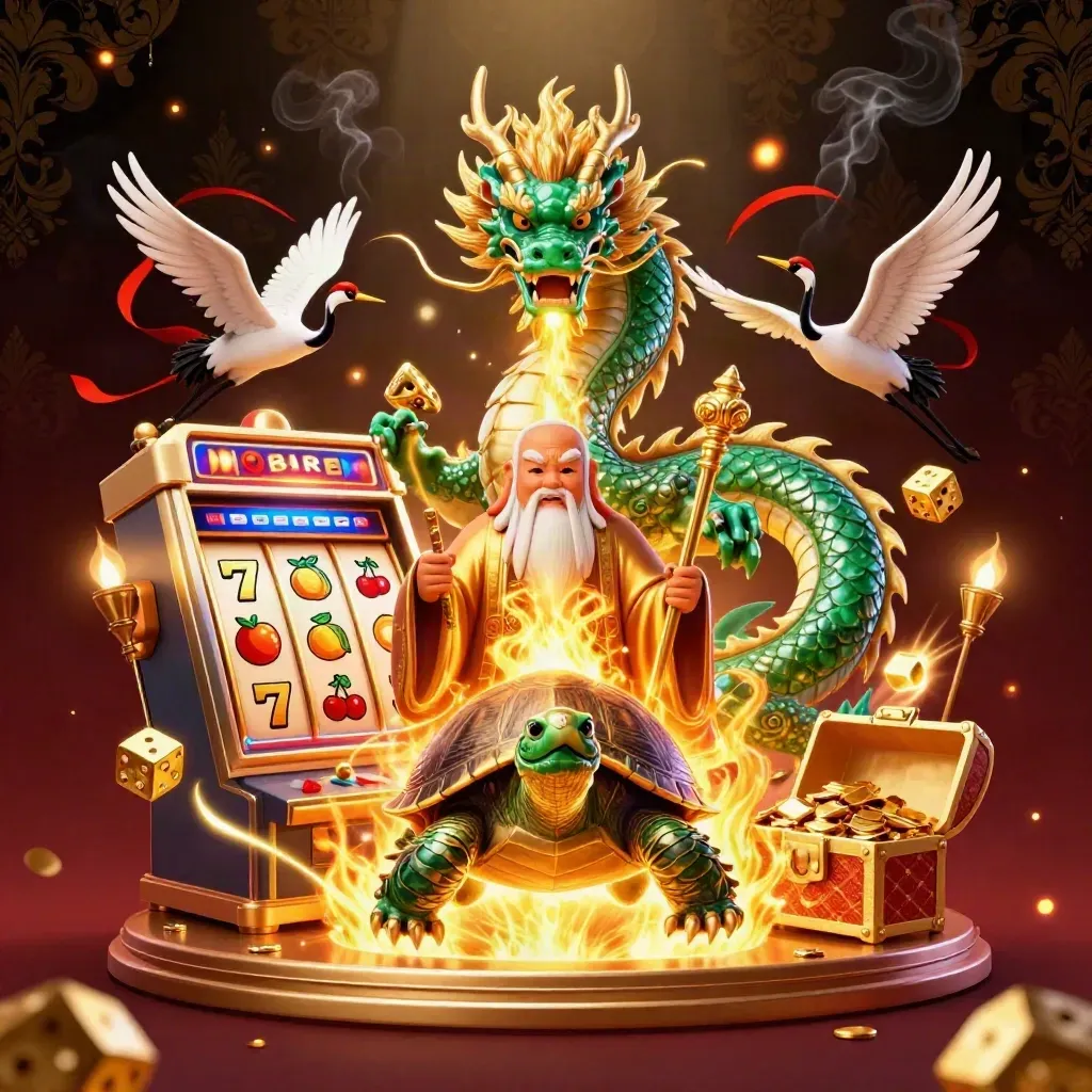 Emerald dragon, turtle sage and cranes amid slot reels, gold fire and jackpot treasure.