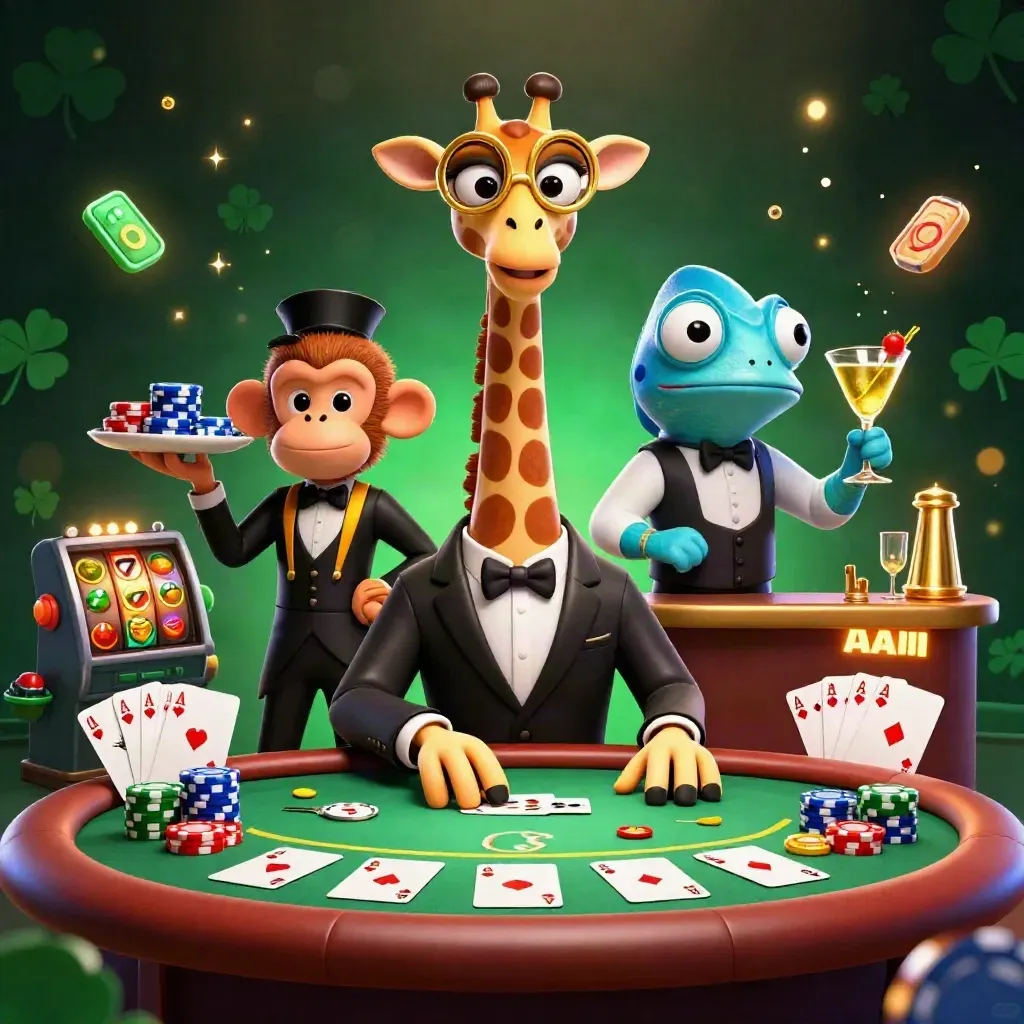 Giraffe, monkey valet, and chameleon bartender at a glowing VIP poker table in premium casino art.