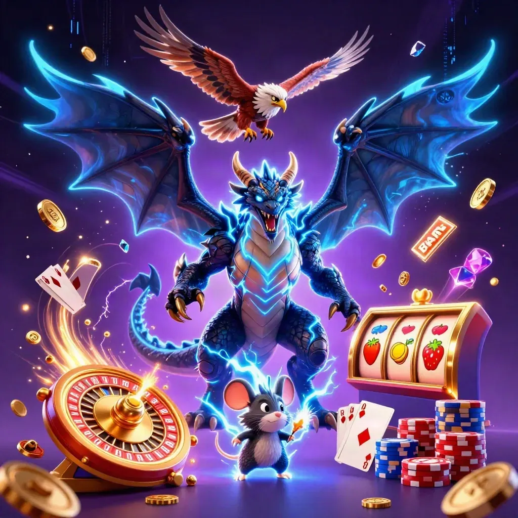 Thunder dragon, hawk, and mouse amid casino coins, chips, cards, reels, and neon energy