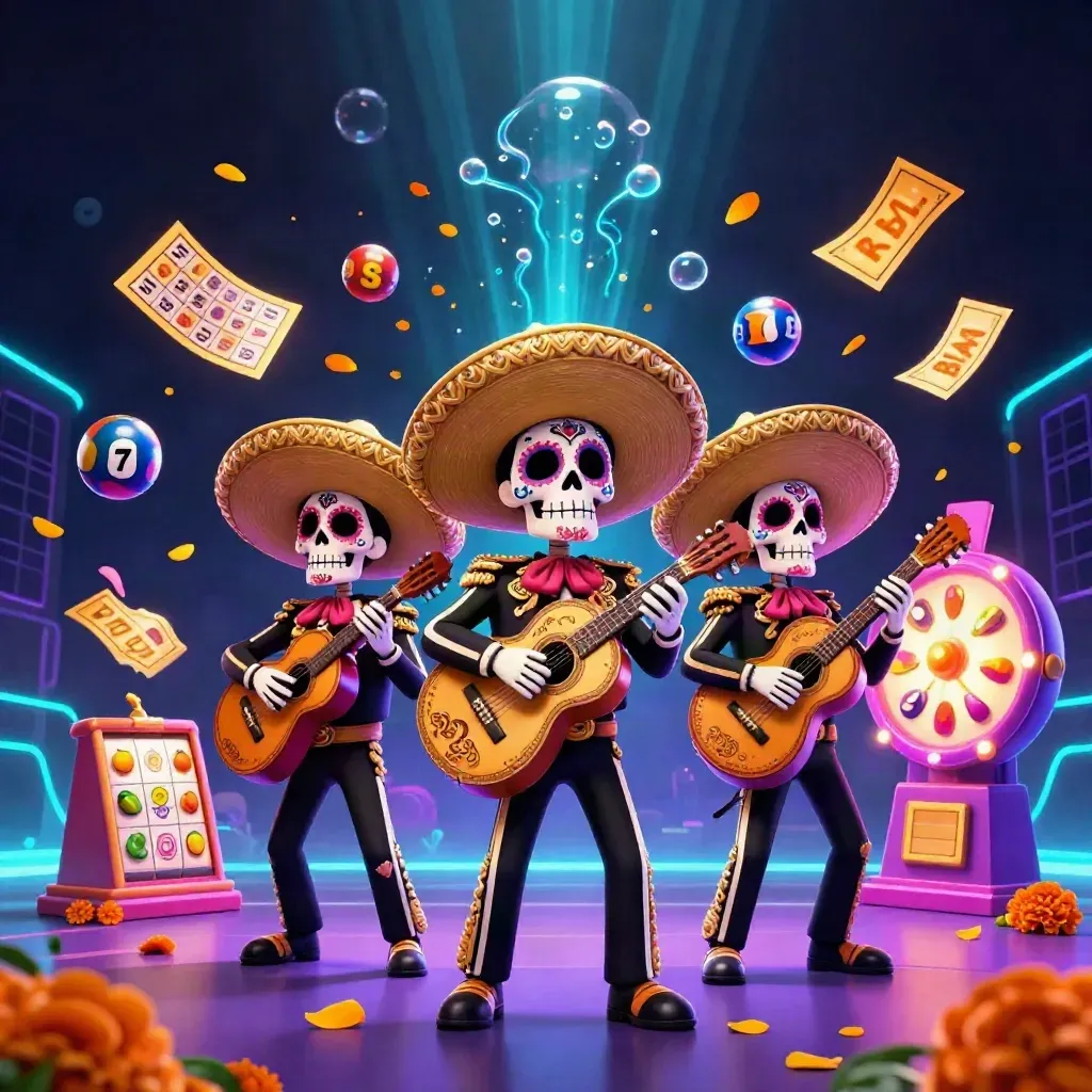 Three skeleton mariachi figures amid casino reels, lottery balls, bingo card, and neon gold-blue glow.