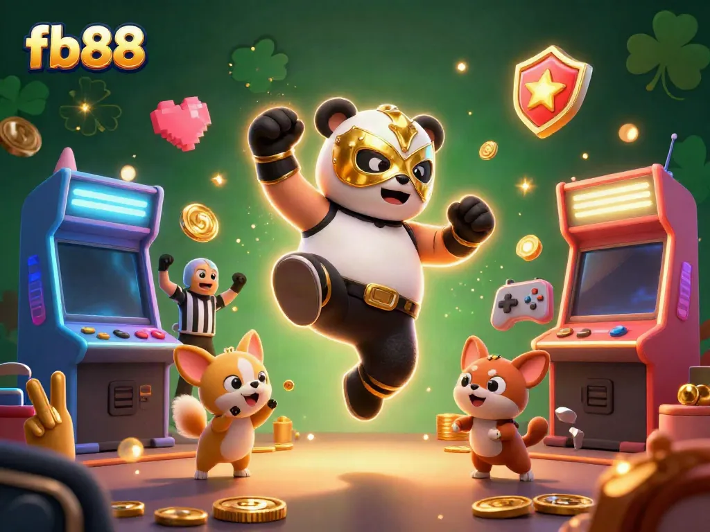Witness excitement at fb88 with a panda wrestler flying through the air amidst vibrant game elements.