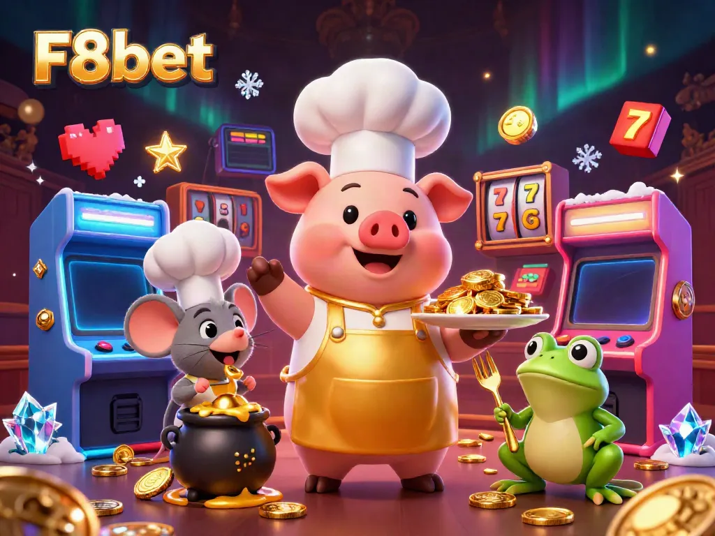 Experience F8bet's vibrant casino world with a chef pig, sous-chef mouse, and critic frog amidst gold coins.