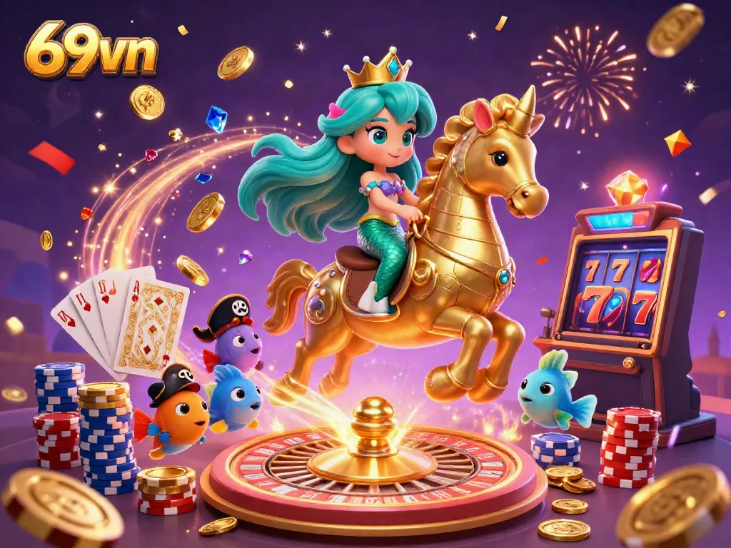 Engage with 69vn's vibrant gaming world featuring a mermaid princess and treasures in this dynamic casino illustration.