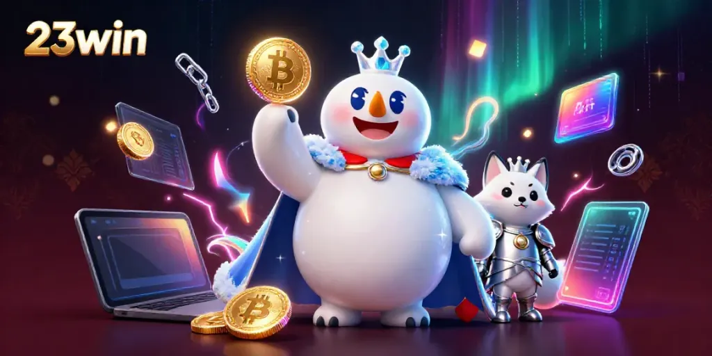 Engage with 23win's vibrant 3D casino scene featuring a unique ice king and snow fox amidst crypto elements.