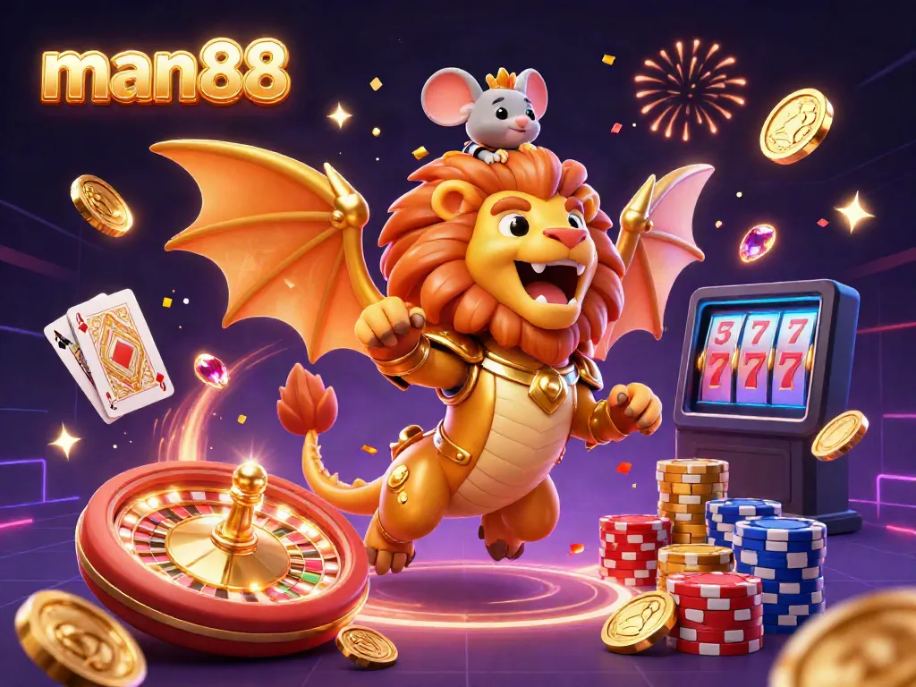 Experience the excitement of winning at man88 with dazzling 3D casino illustrations featuring games and treasures.