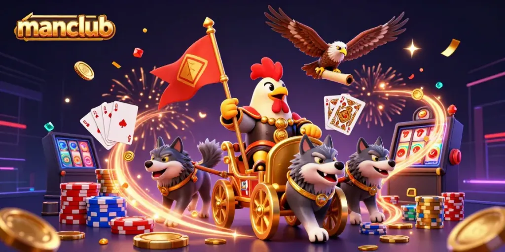 Experience the thrill of manclub casino gaming with a dynamic scene showcasing a rooster warlord and vibrant gambling elements.