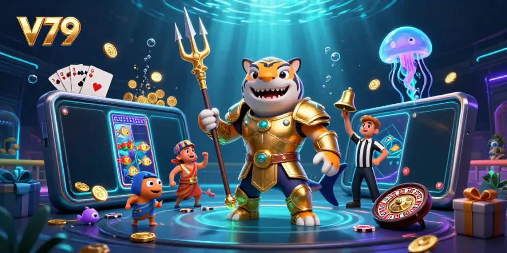 Experience the thrill of V79 with an exciting underwater casino scene featuring vibrant game elements.