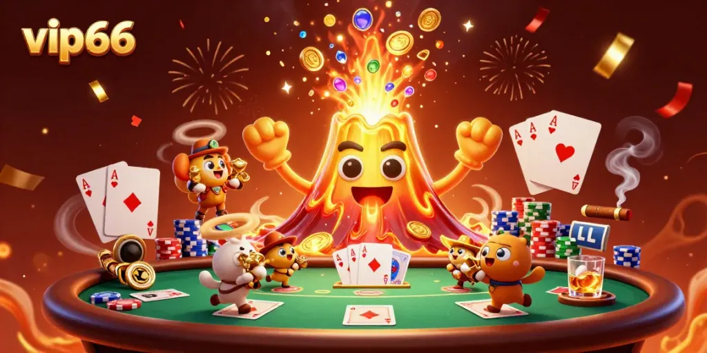 Experience thrilling treasure moments at vip66 with a golden volcano erupting coins and playful explorer animals.