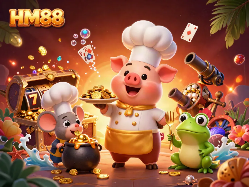 Experience winning thrills at HM88 with vibrant casino characters and bursting treasures in a captivating scene.