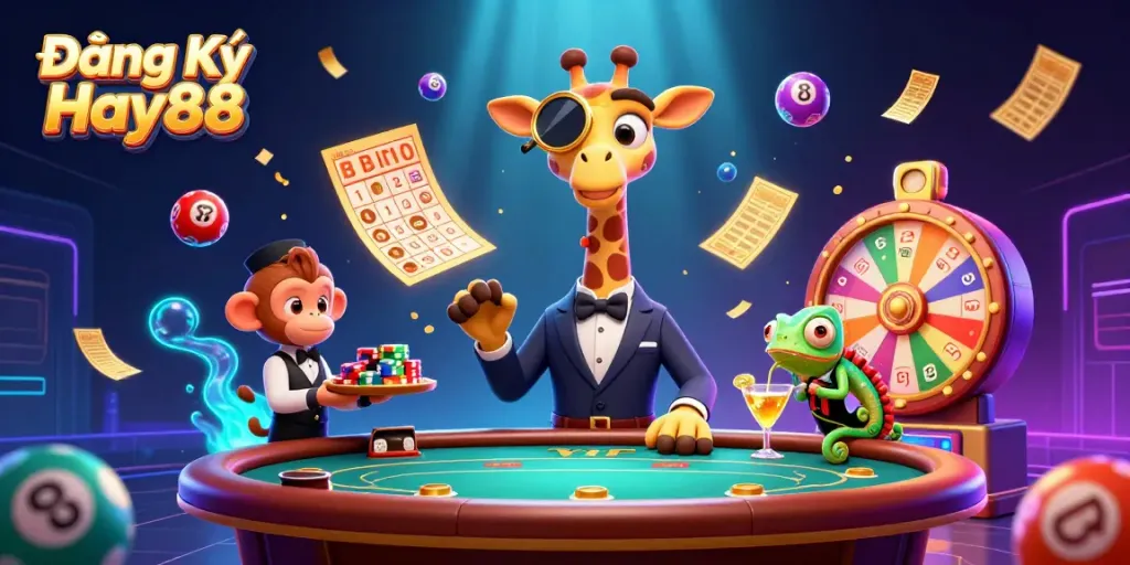 Experience gaming excitement with Đăng Ký Hay88; a vibrant casino scene featuring playful characters and energetic elements.
