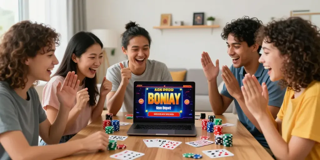 Diverse friends celebrating a casino bonus sans depot win around a laptop.