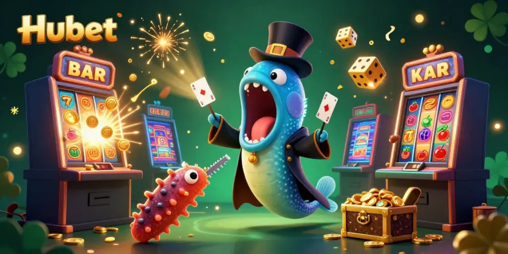 Hubet's animated deep-sea characters dazzle at a virtual casino with dynamic slot machines and magical tricks.
