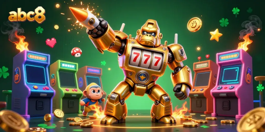 Experience the thrilling action at abc8 with a golden gorilla mech bursting with coins in a vibrant gaming scene.