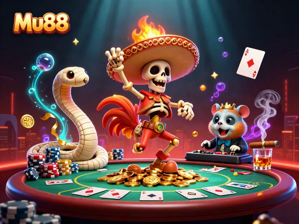 Mu88 celebrates with a 3D cartoon skeleton mariachi rooster amidst gold coins and poker elements.