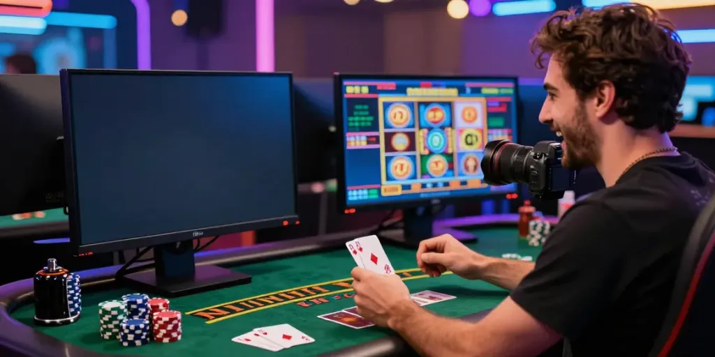 Excited player enjoying Casinos Sans depots at a modern gaming desk with colorful decor.