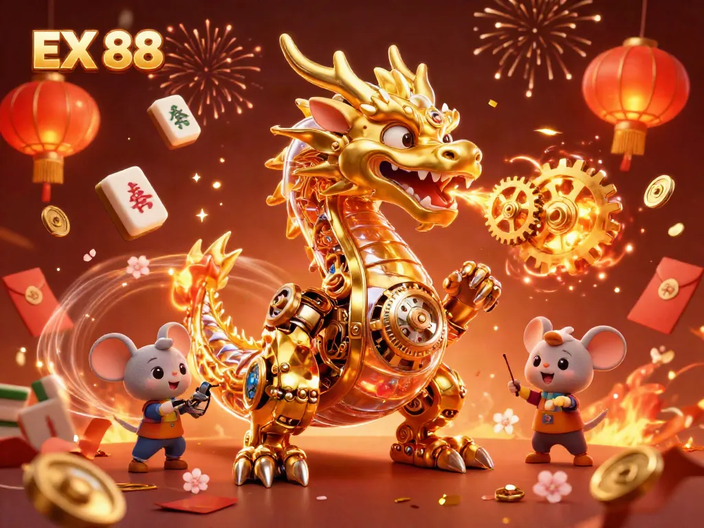 Play and win big at EX 88 with a dynamic scene featuring a golden dragon amidst casino games.