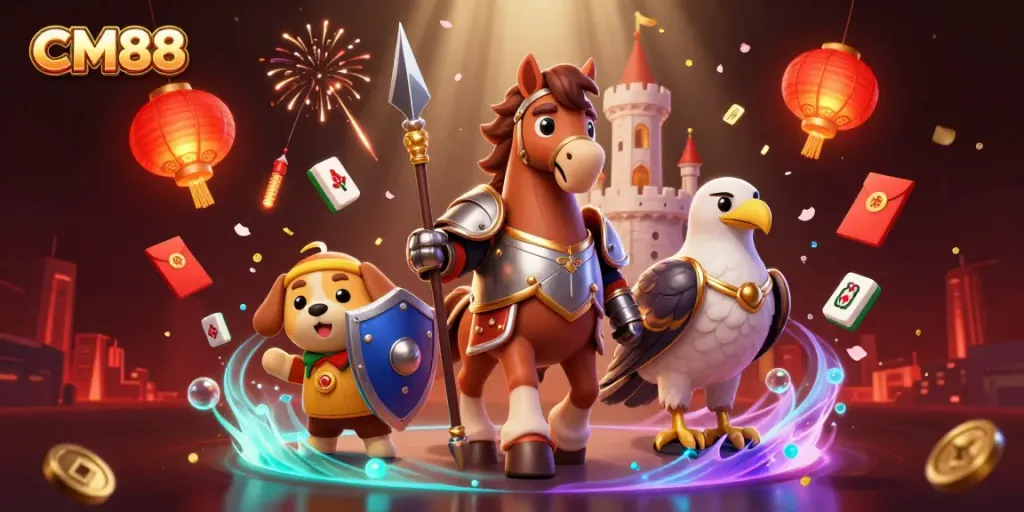 Experience CM88 excitement with a dynamic casino scene featuring medieval characters and vibrant game elements.