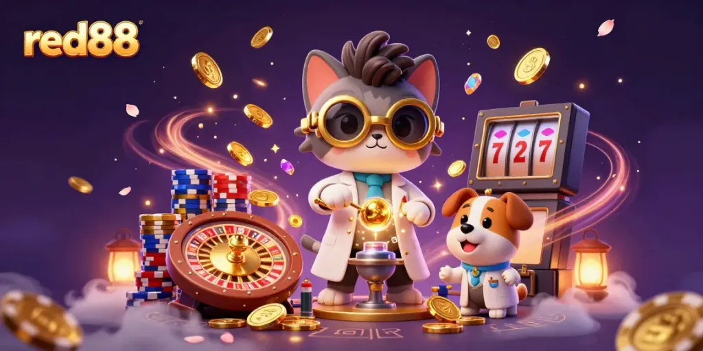 Experience the excitement at red88 with a dynamic illustration of a mad scientist cat and assistant creating a gold-coin machine.