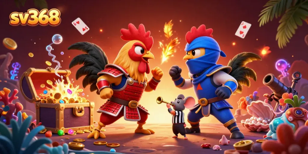 Experience the thrill of sv368 with dynamic roosters in combat, gold treasures, and casino elements.