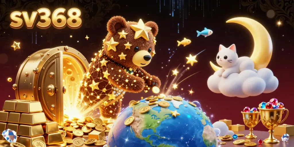 Scoop up coins with sv368's constellation bear and cosmic companions in a vibrant casino scene.