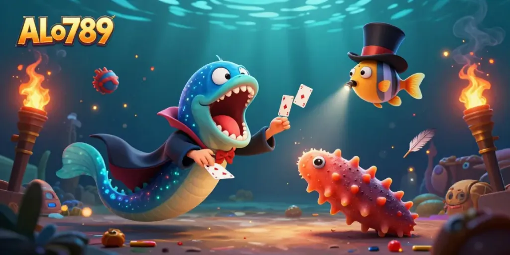 Experience ALo789's thrilling cockfighting action in a vibrant underwater setting.