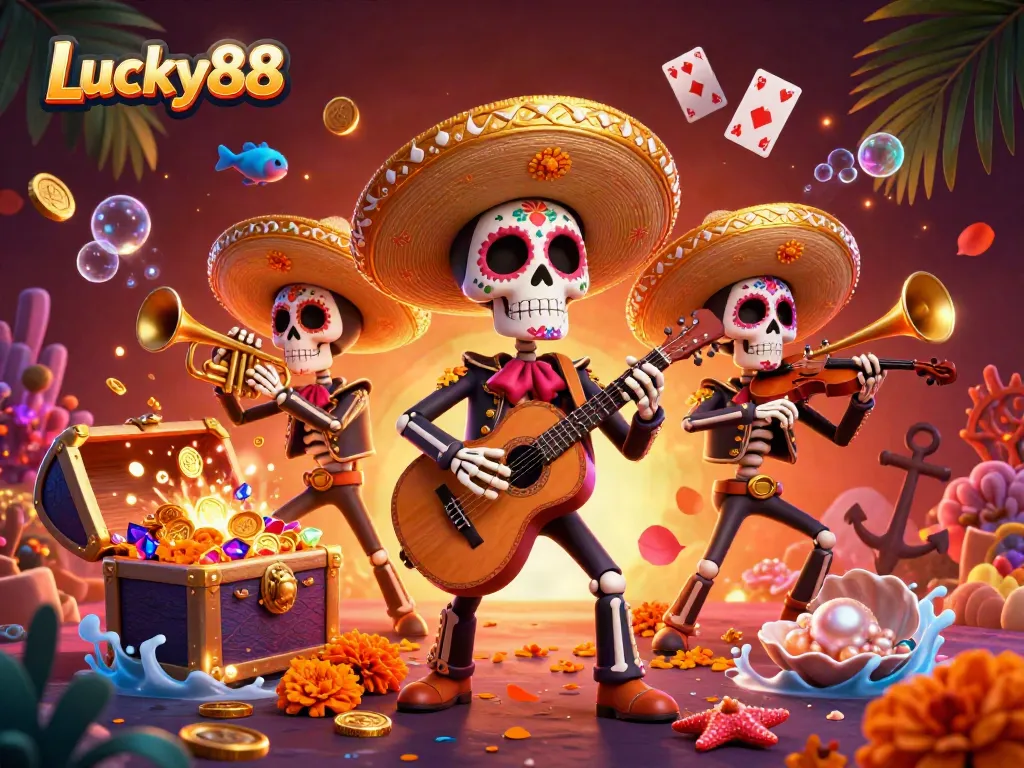 Engage in the vibrant Lucky88 casino scene with festive skeleton musicians and dynamic game elements around.